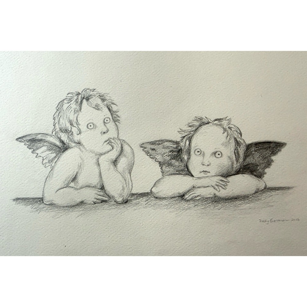 Original Pencil Drawing "Two‎ Angels" Approx 8x9.5" OOAK Portrait Art